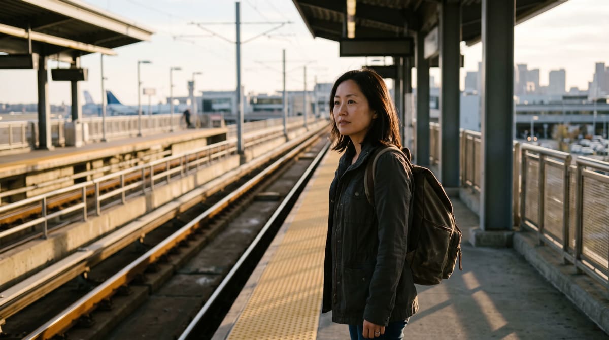 A traveler on Boston airport transit platform