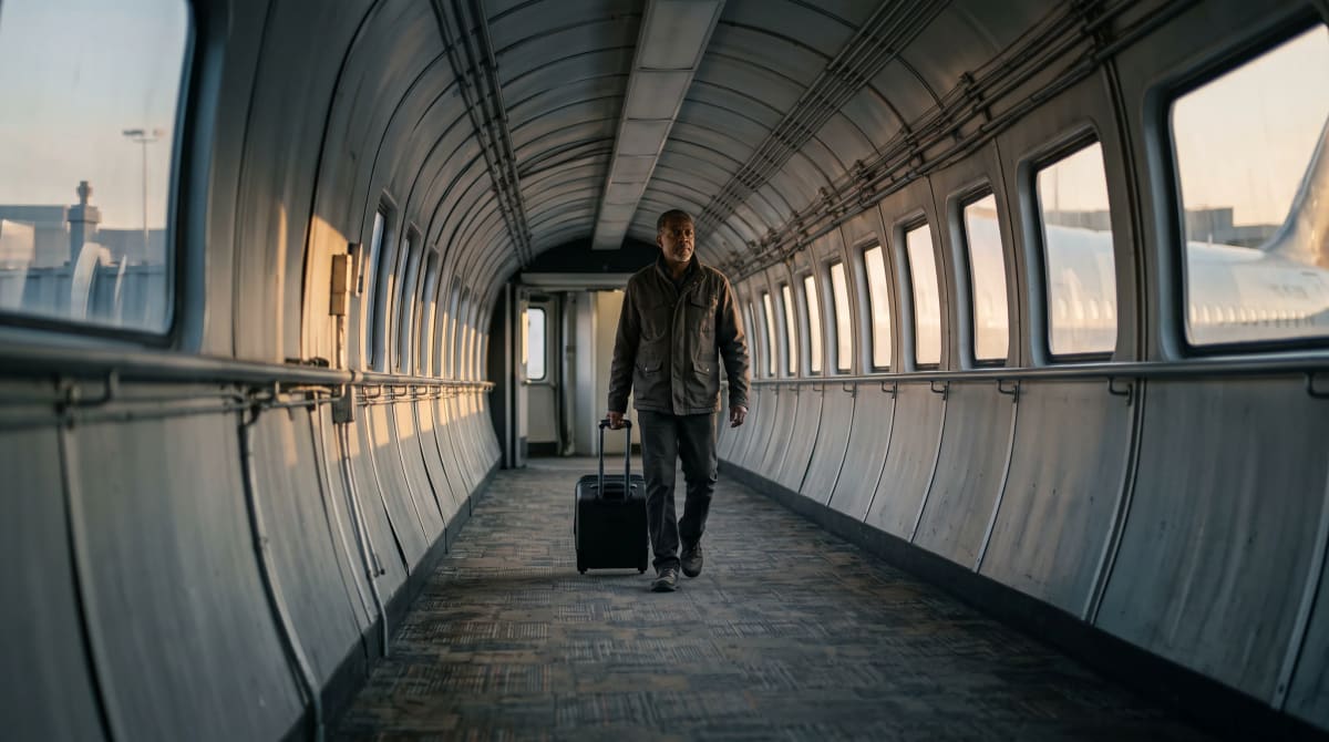 A traveler walking Chicago jet bridge with roller