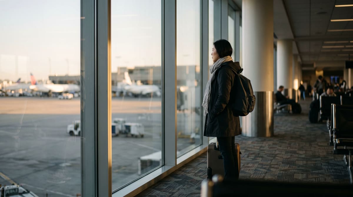 A traveler at Los Angeles gate window looking out