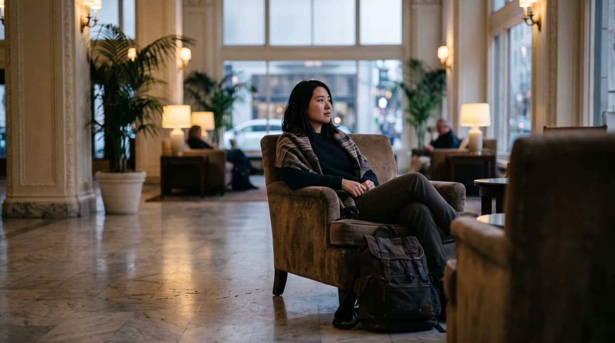 A traveler seated in San Francisco hotel lobby