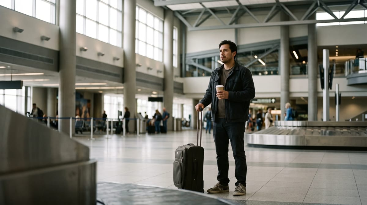 A traveler at Seattle baggage claim with cup