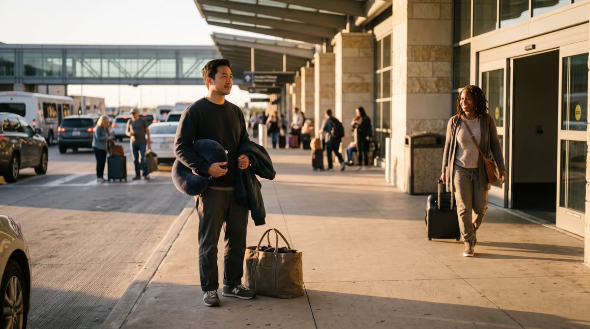 Travel pillow and luggage at Austin airport curbside