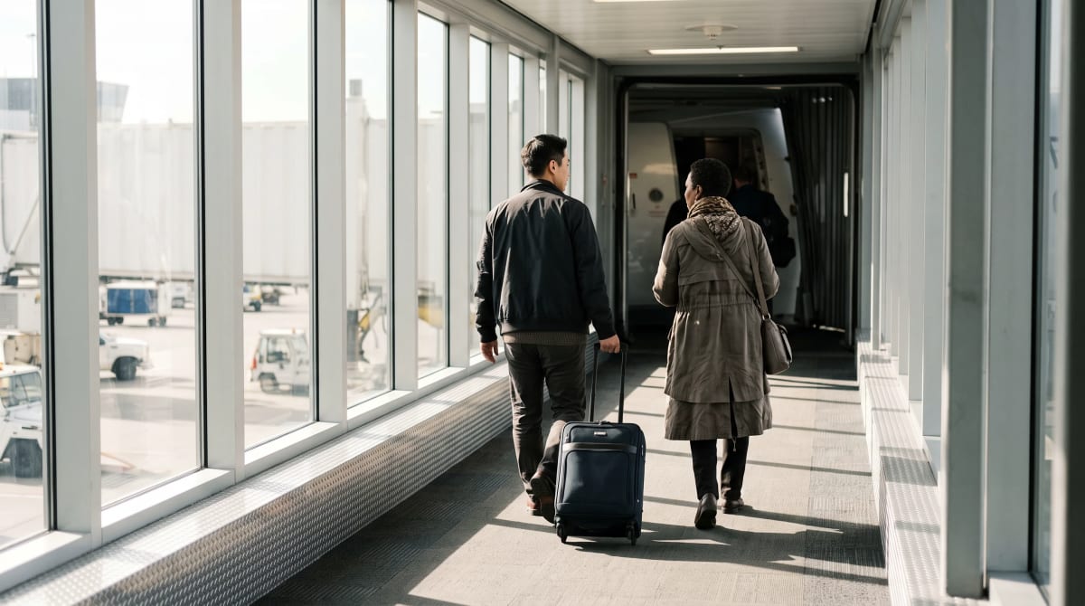 Carry-on roller on a sunlit Denver jet bridge