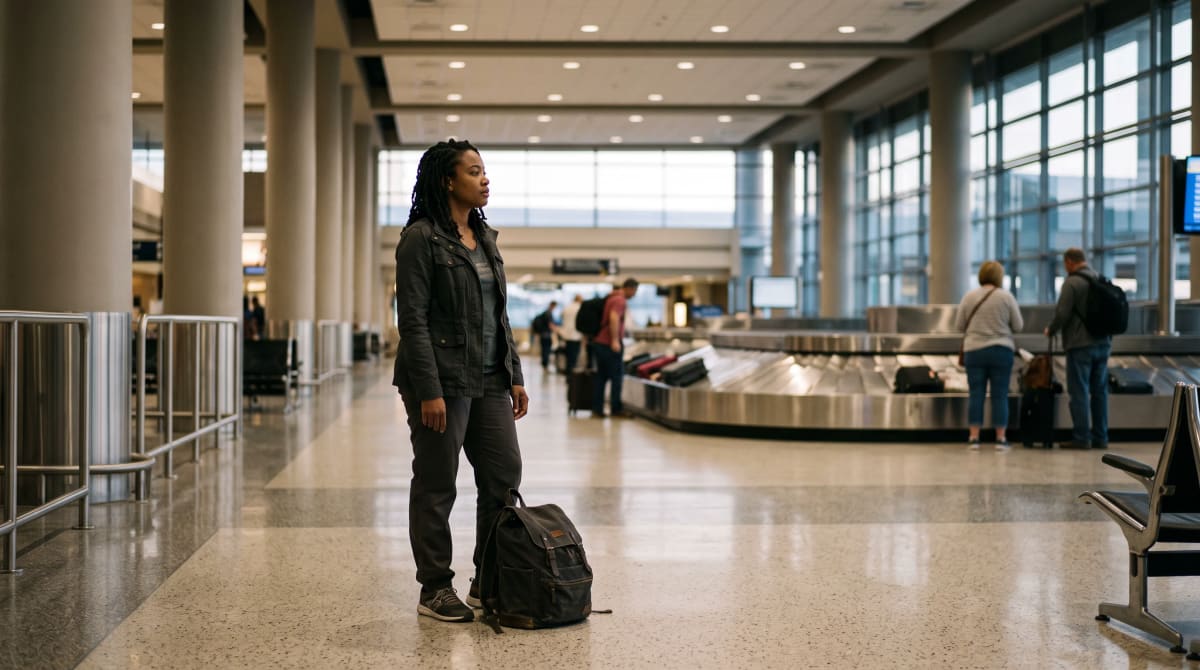 Traveler with backpack at an Atlanta baggage claim