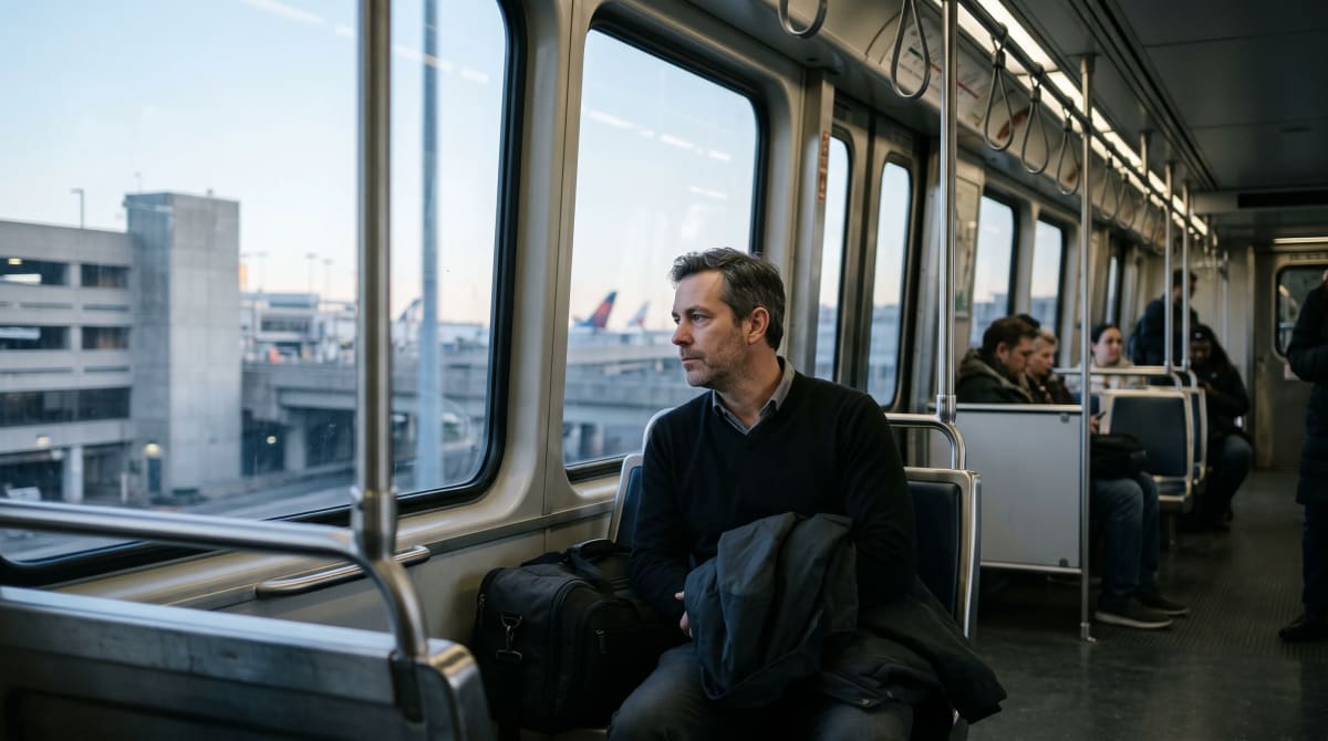 Traveler with jacket riding a Boston airport train