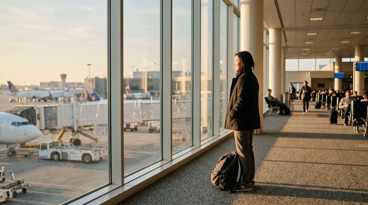 Traveler with backpack at a Chicago gate window