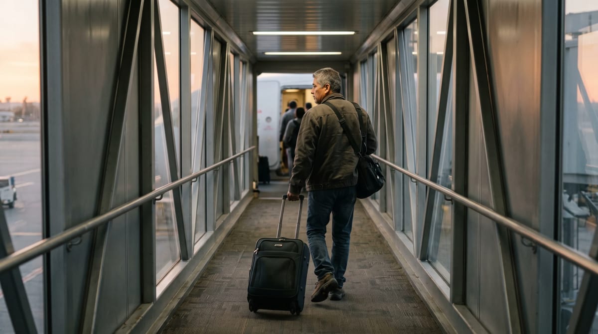 Traveler pulling a roller bag along a jet bridge
