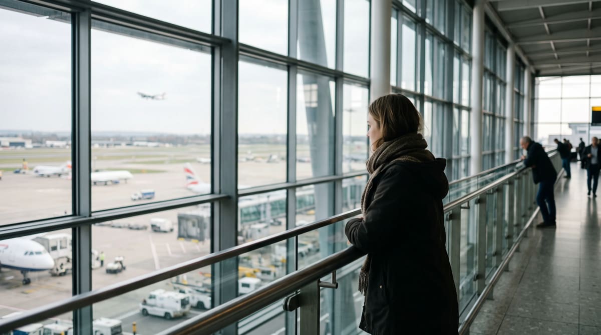 Traveler with scarf at a London terminal overlook