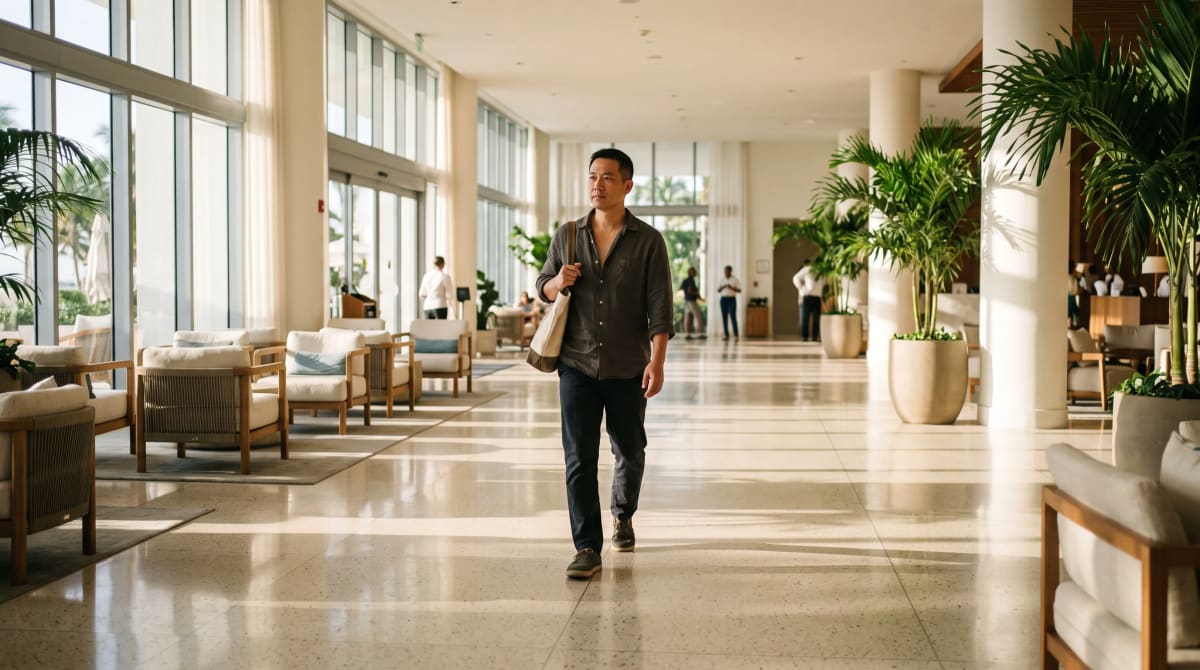 Traveler with tote bag in a Miami hotel lobby