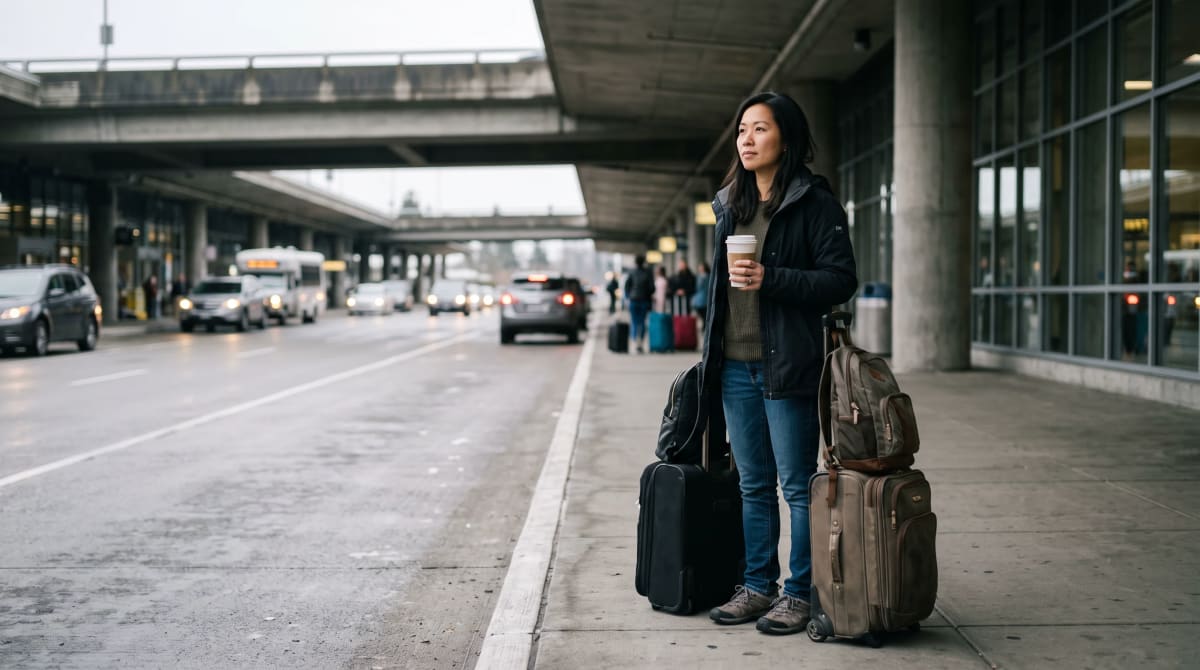 Traveler holding a paper cup at a Seattle airport curb