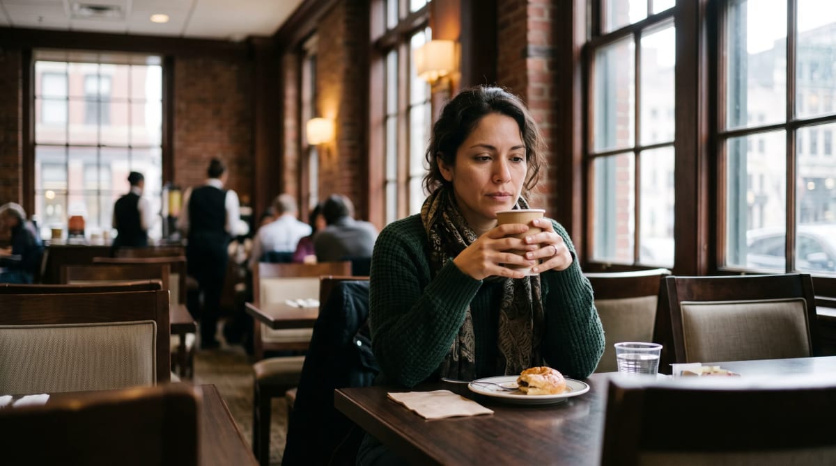 A traveler in Boston hotel cafe with paper cup