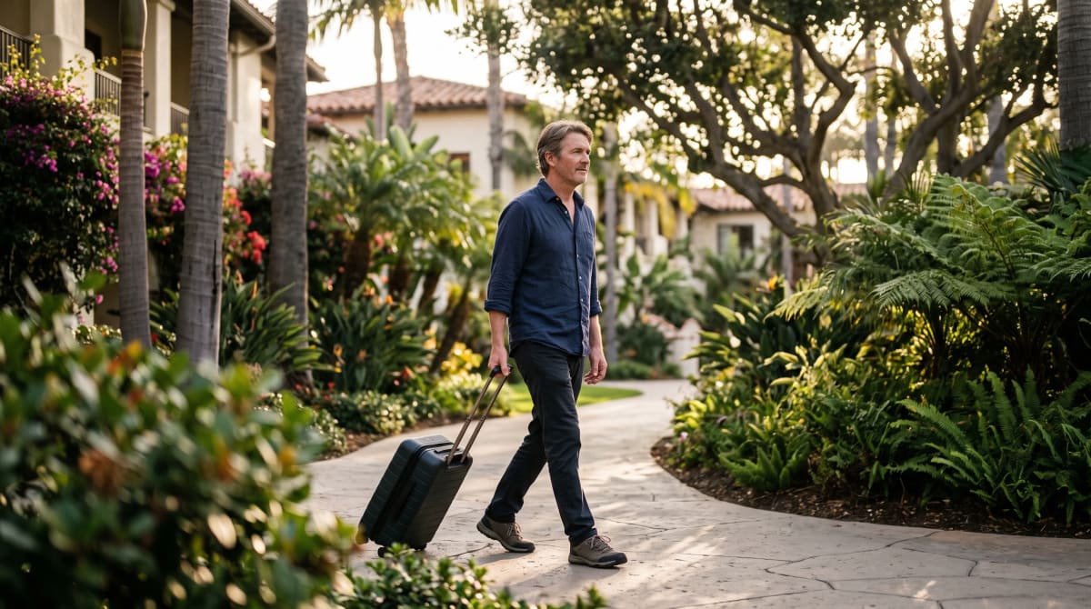 A traveler on San Diego resort garden path with roller