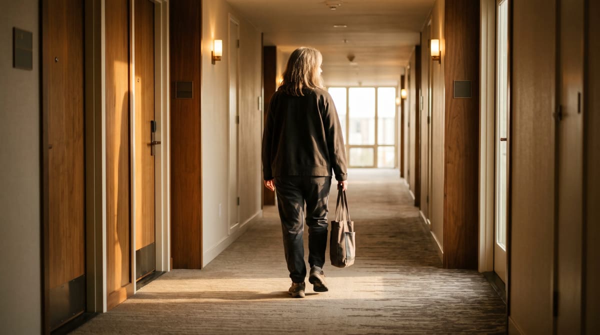A traveler in Austin hotel hallway with tote