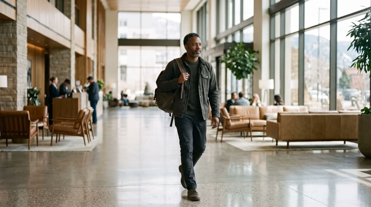 A traveler walking Denver hotel lobby with backpack
