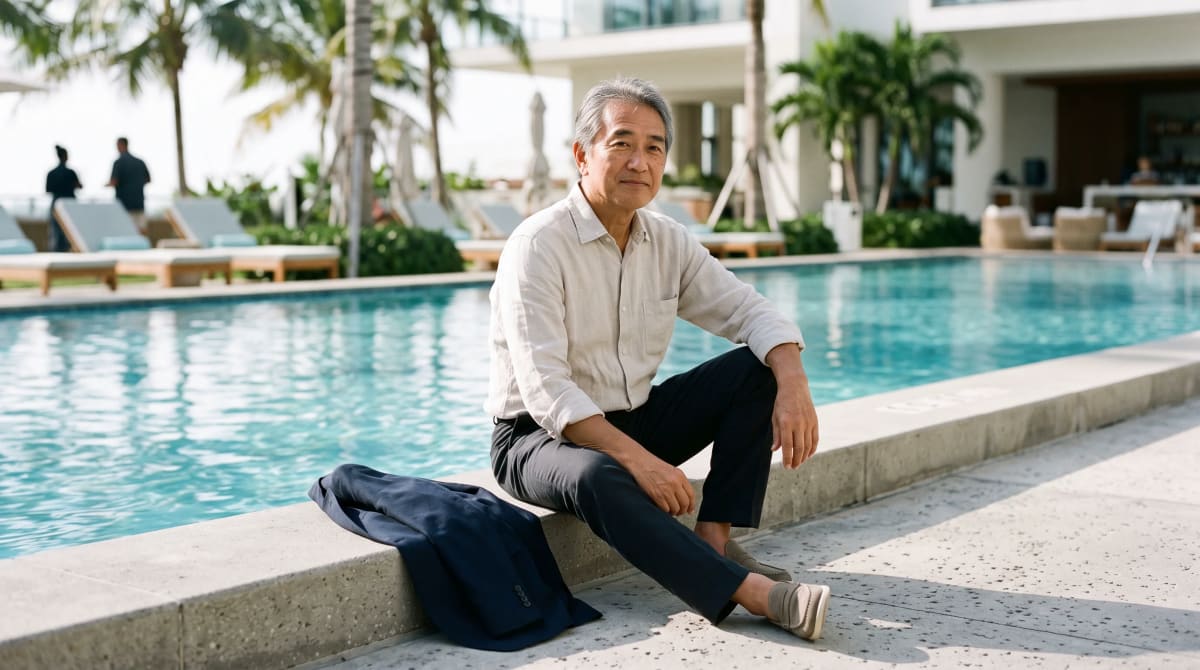 A traveler at Miami hotel pool deck with jacket