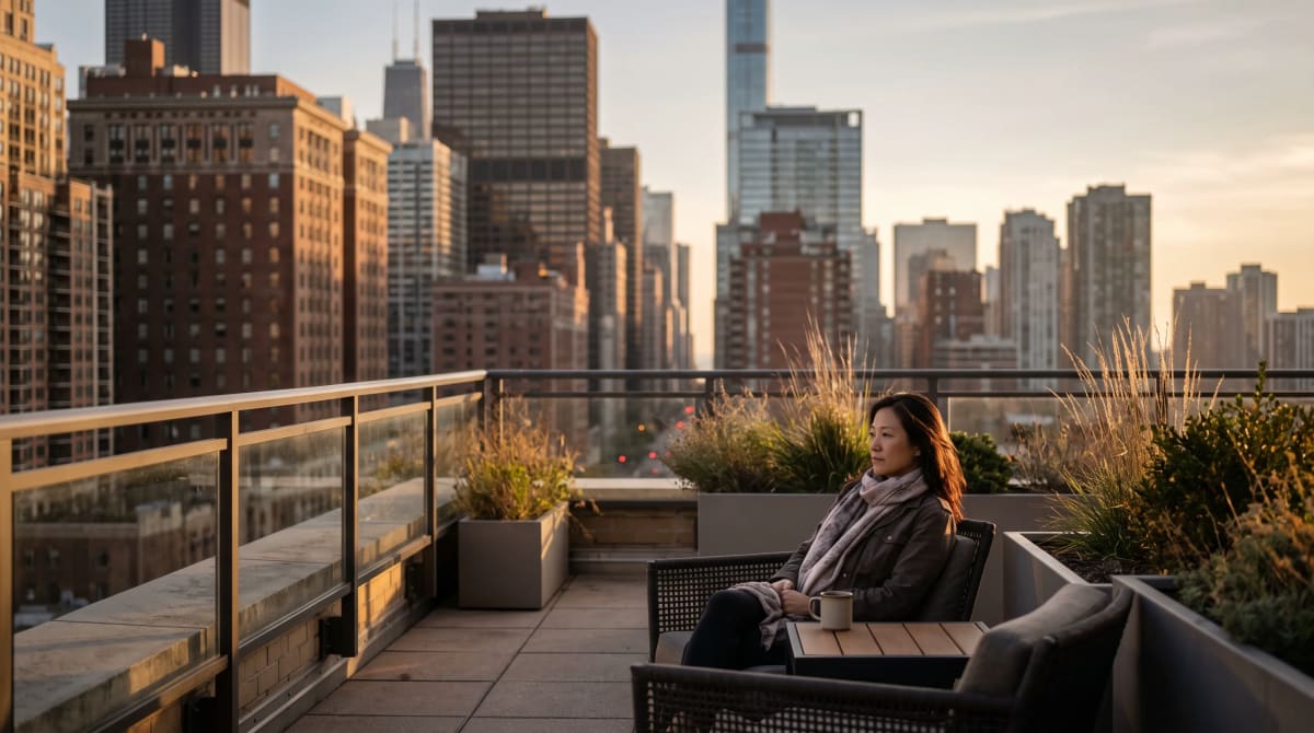 A traveler on Chicago hotel rooftop with scarf