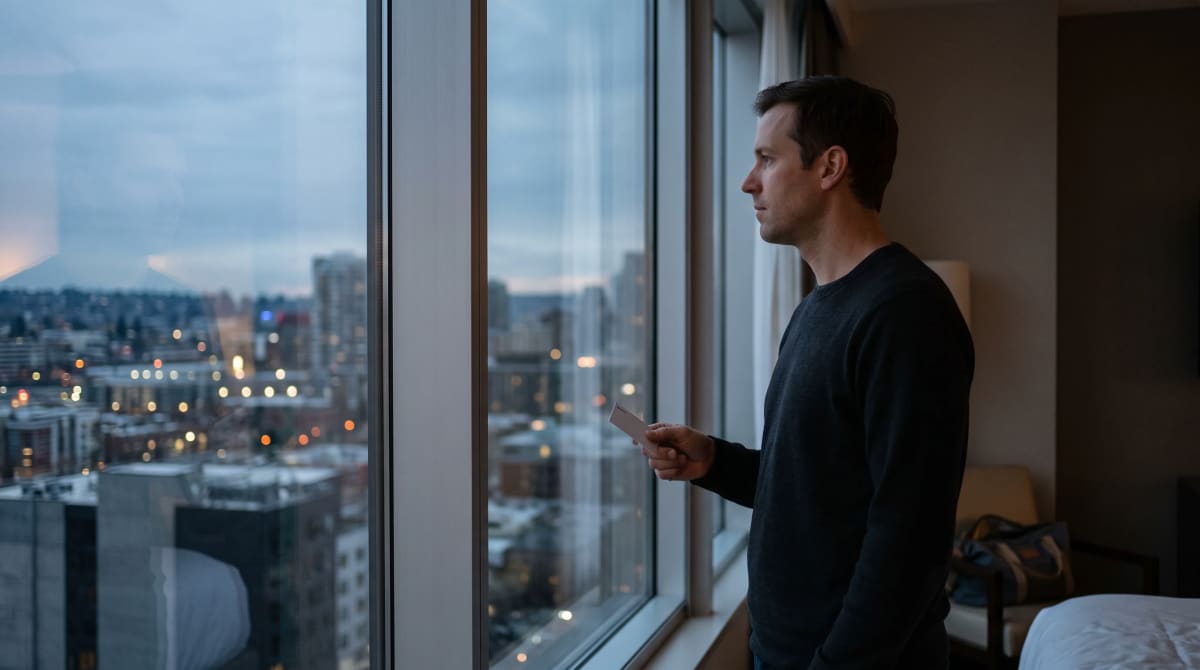 A traveler at Seattle guest room window with key card