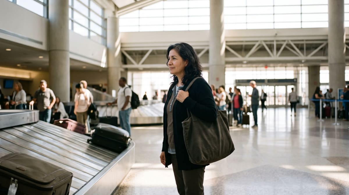 A traveler waits at sunlit baggage claim with tote bag