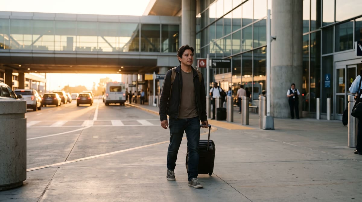 A traveler pulls carry-on at airport curbside in golden light
