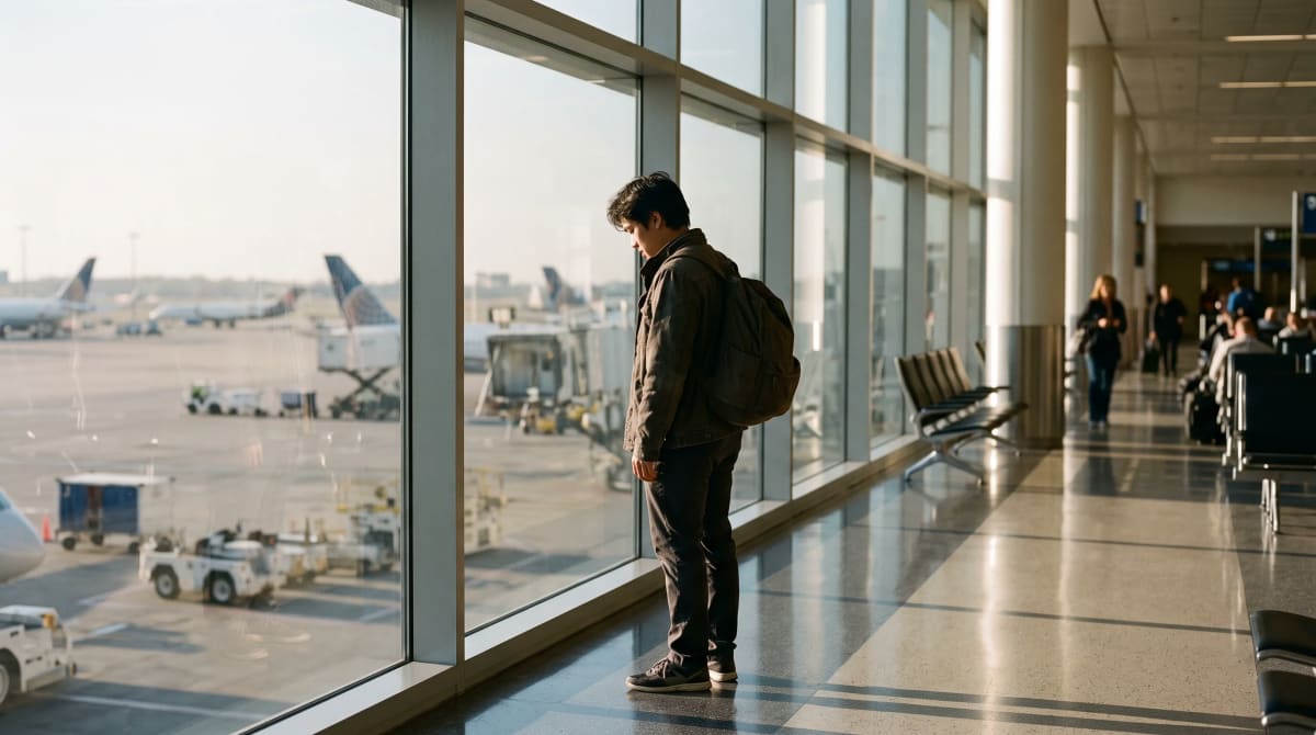 A traveler looks out airport gate window with backpack