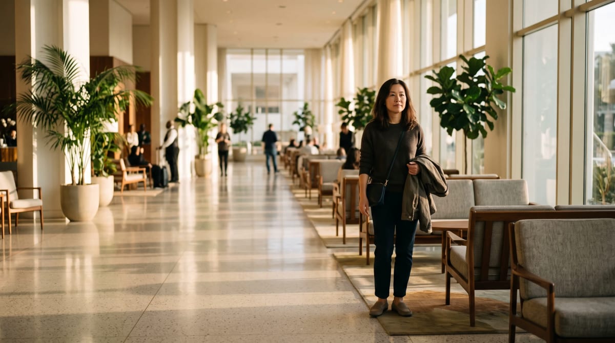 A traveler stands in hotel lobby with jacket