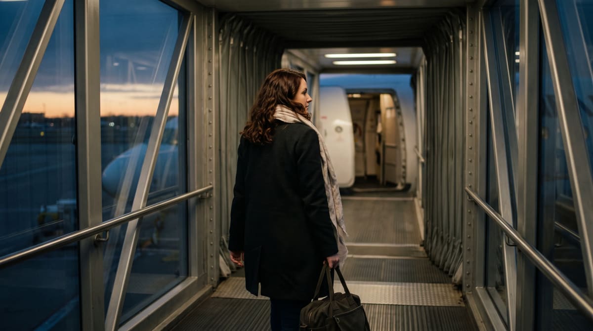 A traveler walks jet bridge at dusk wearing scarf