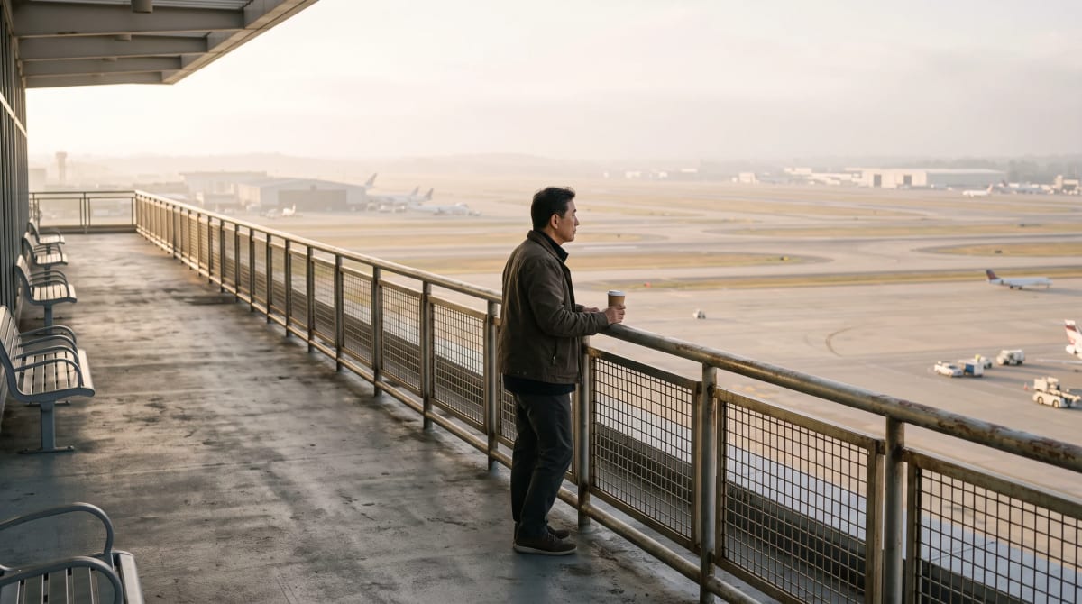 A traveler holds paper cup on airport overlook terrace