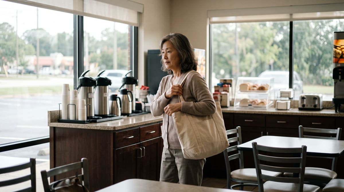 A traveler near a breakfast room counter with a tote in Atlanta