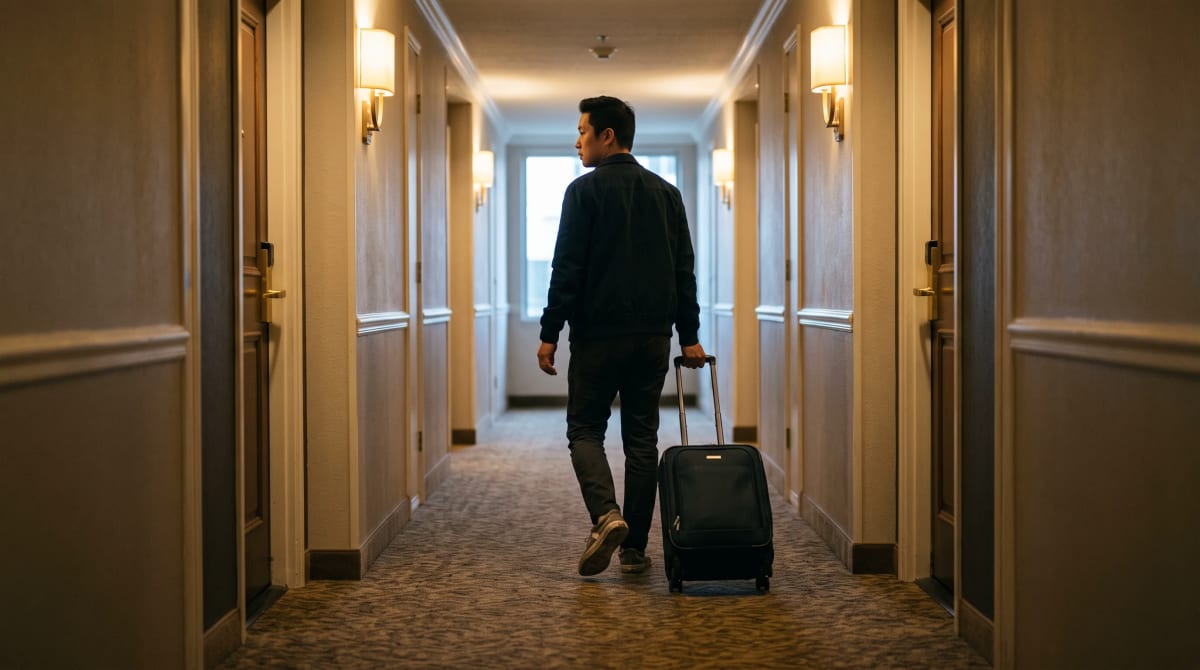 A traveler moving down a hotel hallway with a roller in Austin