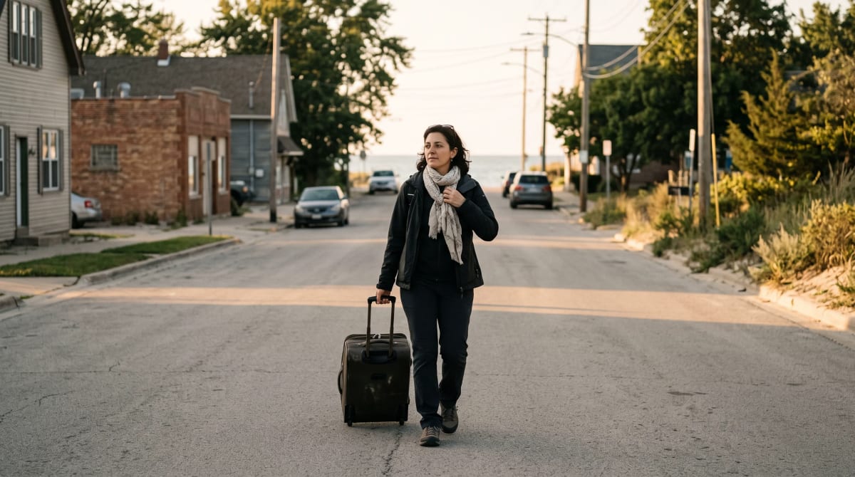 A traveler walking a street with a roller and scarf near Chicago