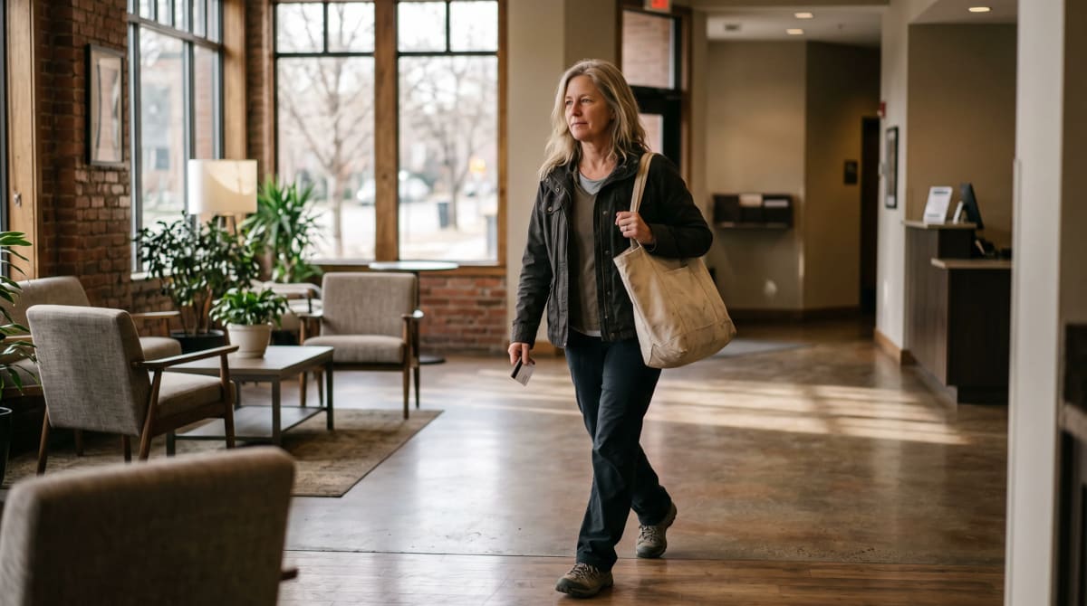 A traveler walking a hotel lobby with a tote and key card in Denver