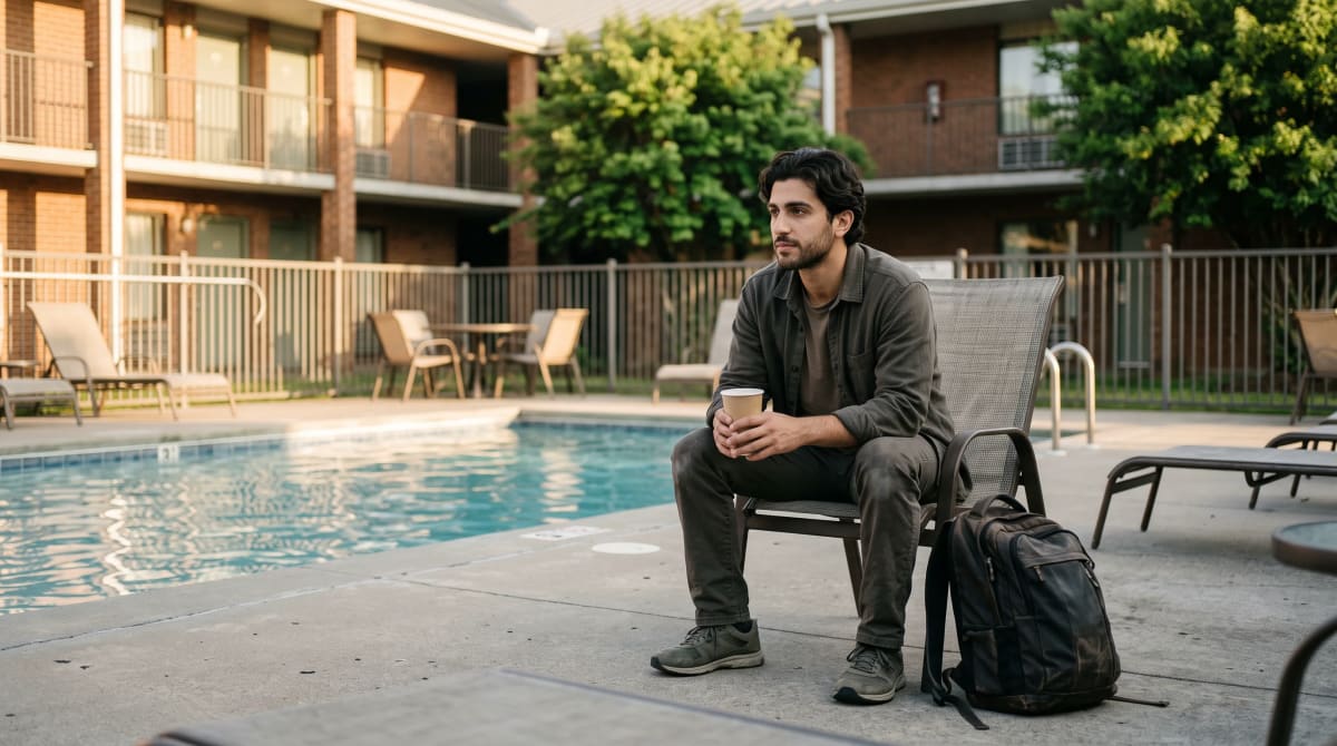 A traveler seated on a pool deck holding a paper cup with a backpack in Nashville