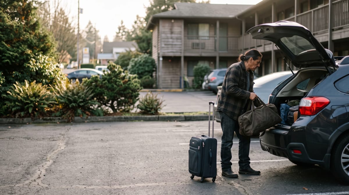 A traveler loading a duffel in a hotel parking lot with a roller in Portland