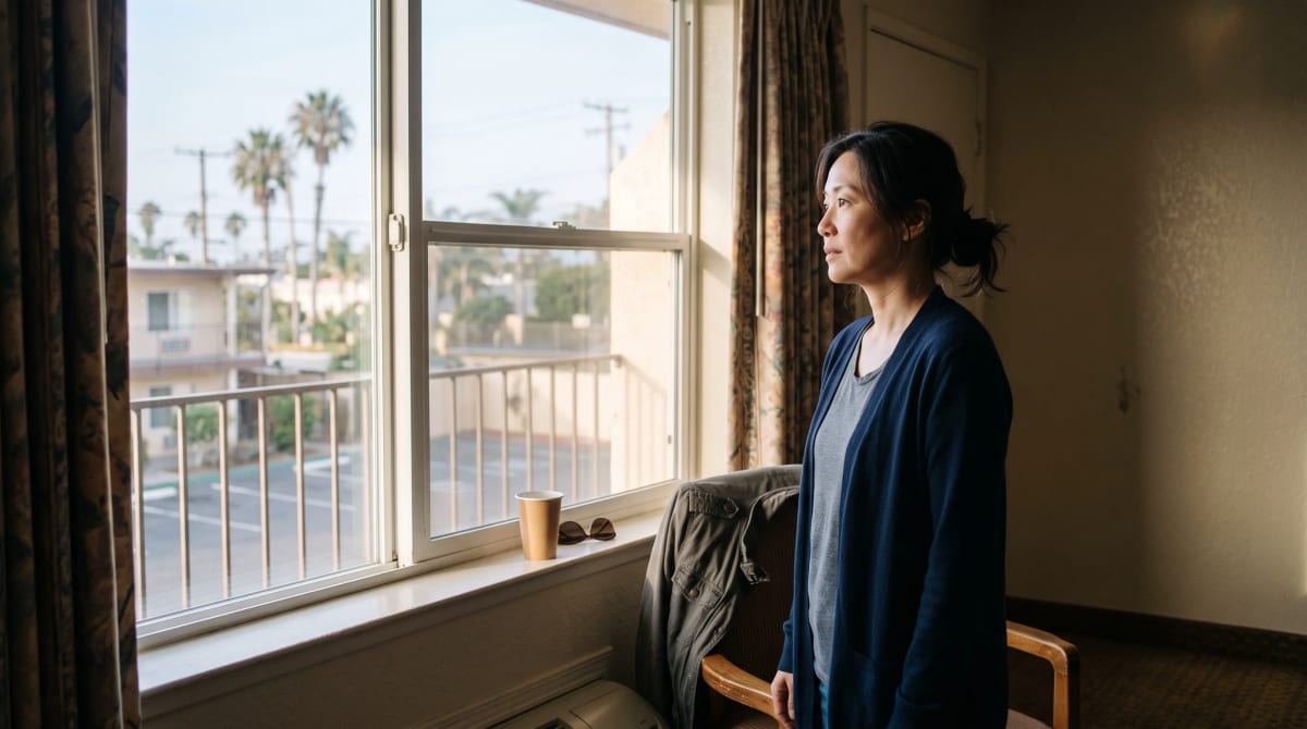 A traveler by a guest room window with a jacket and paper cup in San Diego