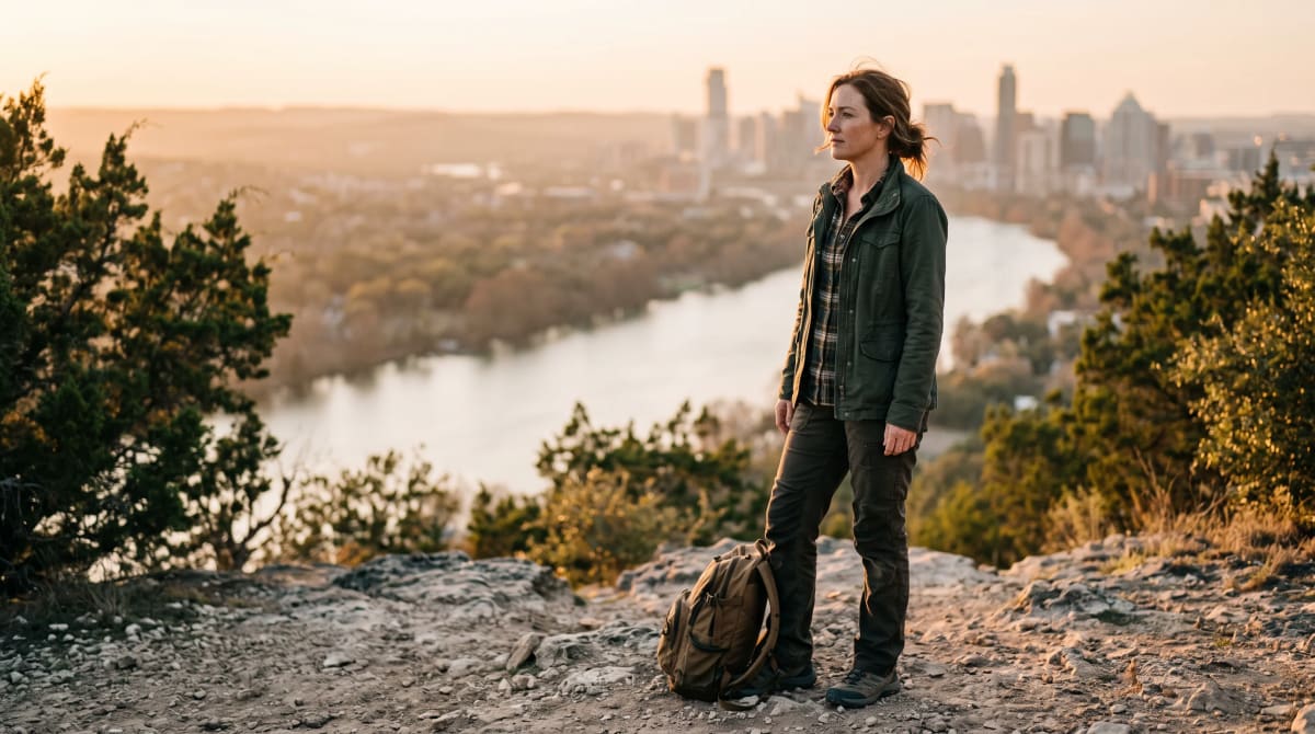 A traveler on a hillside overlook with a backpack in Austin