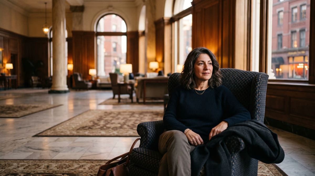 A traveler seated in a hotel lobby with a jacket in Boston