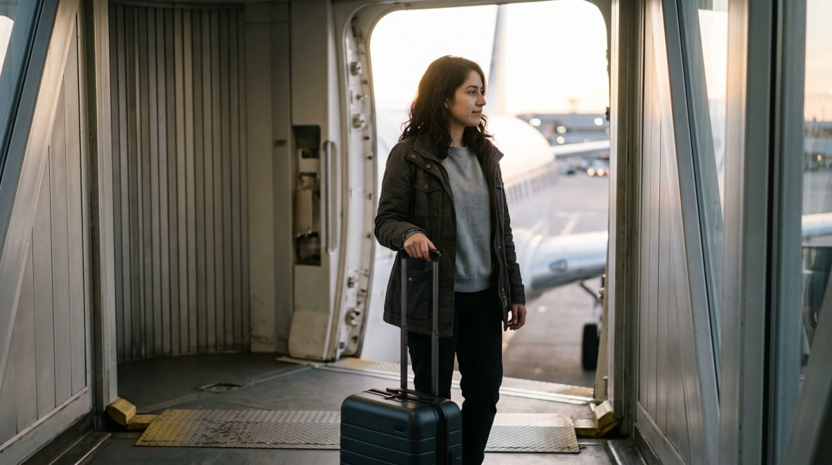 A traveler standing on a jet bridge with a carry-on roller in Chicago