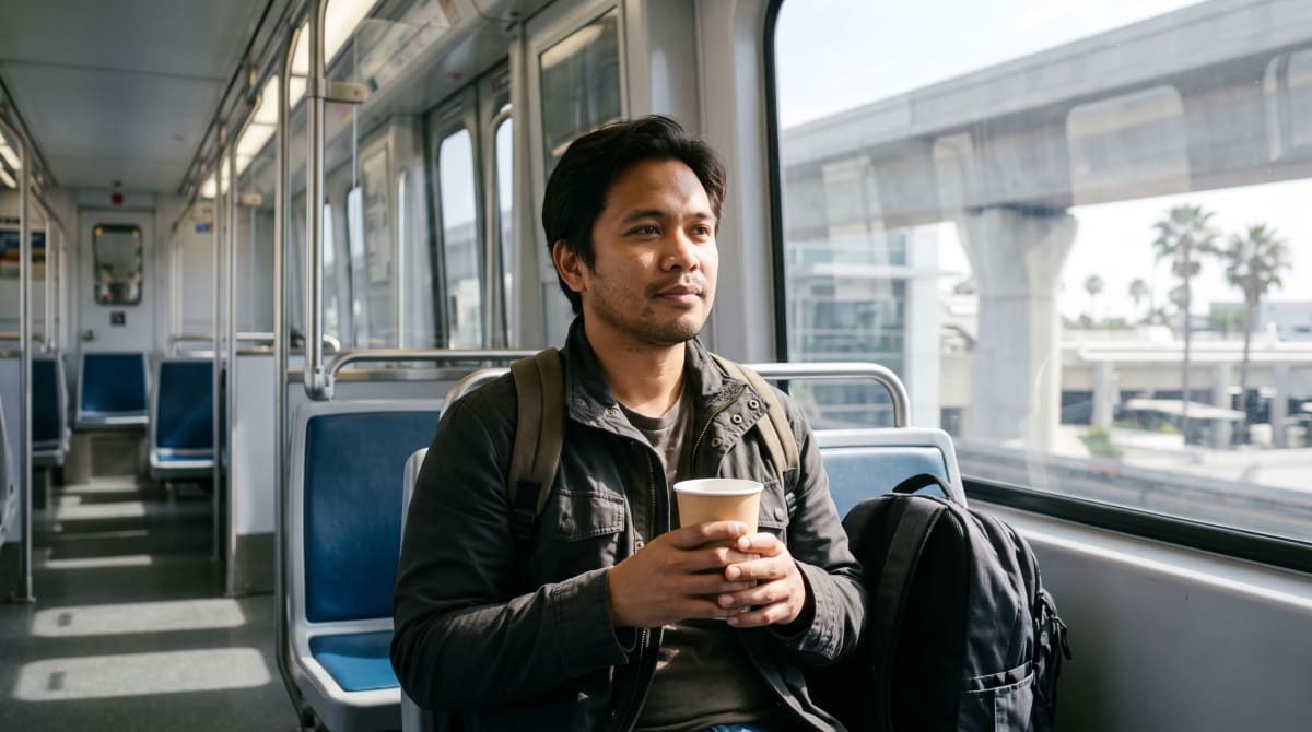 A traveler on an airport transit train holding a paper cup in Los Angeles