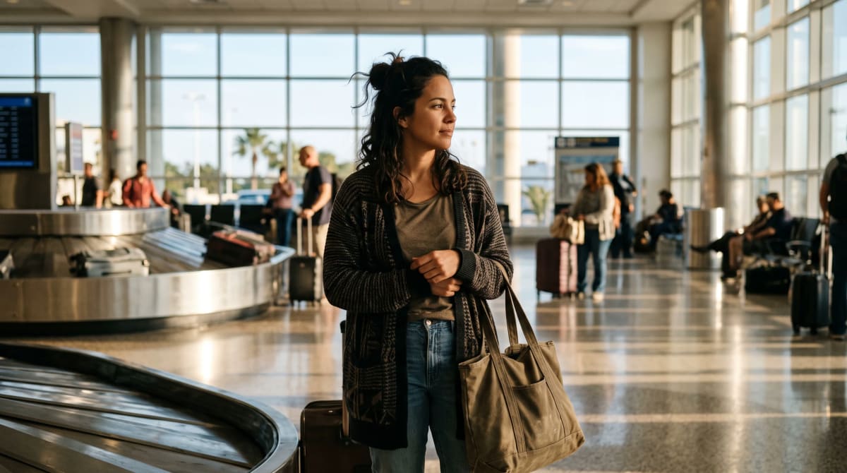 A traveler waiting at baggage claim with a tote in Miami