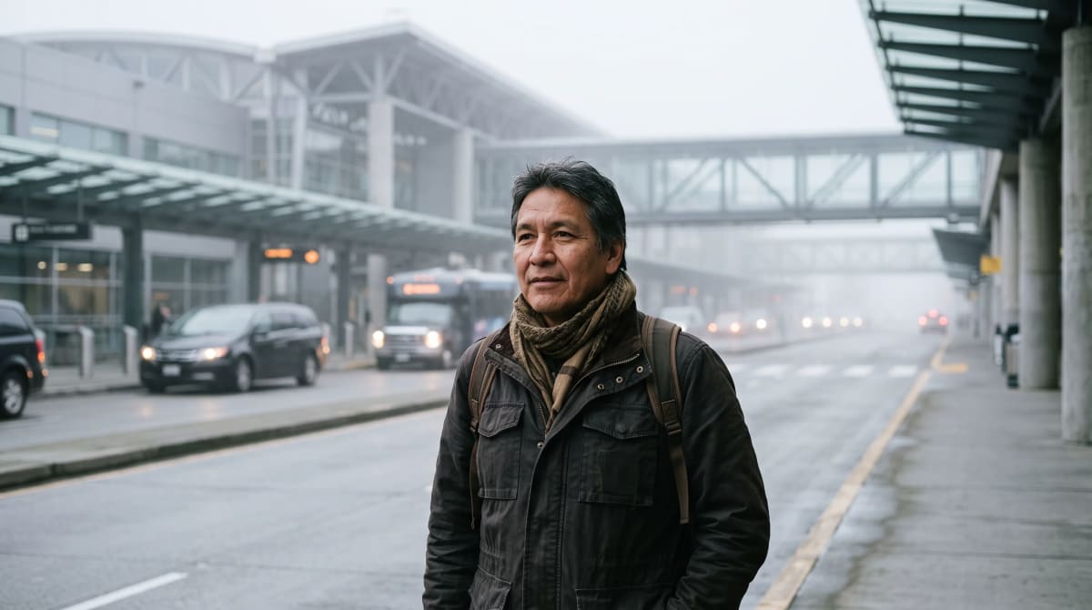 A traveler at curbside arrival wearing a scarf in Seattle