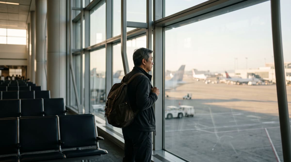 A traveler beside an airport gate window with a backpack in San Francisco