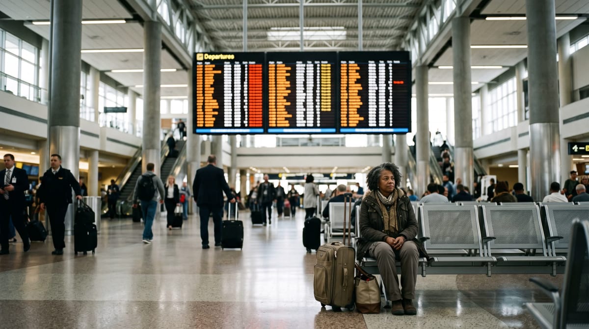 A traveler looking up at a departures board in an Atlanta terminal