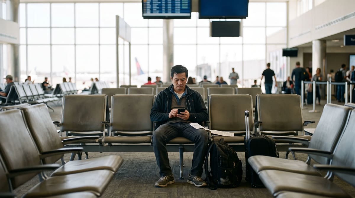 A traveler at a Houston airport gate checking a phone beside a carry-on