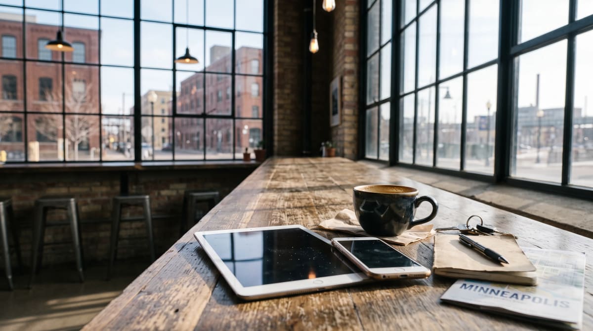 A tablet and phone side by side on a Minneapolis cafe counter