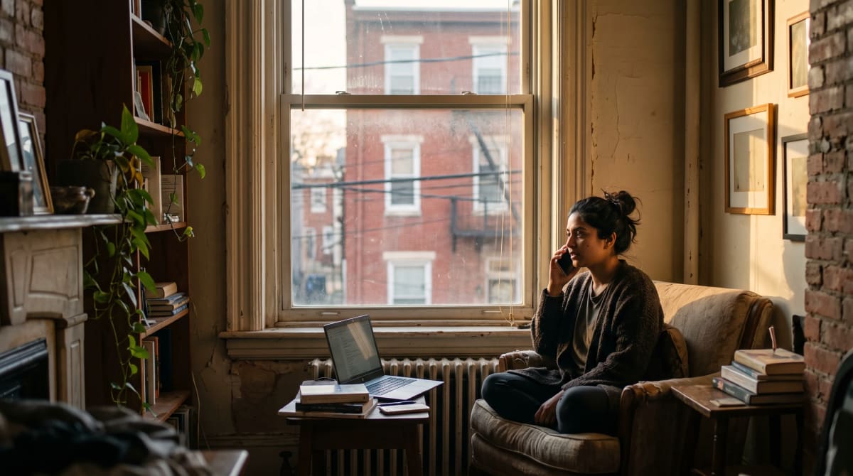 A traveler making a phone call by an apartment window in Philadelphia