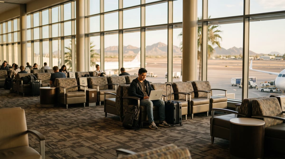A traveler typing on a laptop in a Phoenix airport seating area