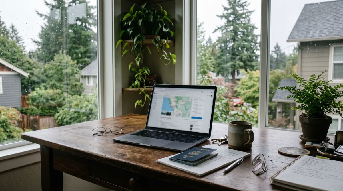 A passport and laptop on a home desk in Portland