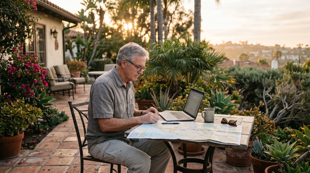 A traveler on a San Diego patio with a laptop and a paper map