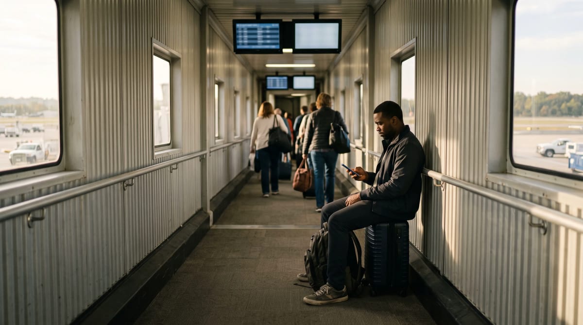 A traveler holding a phone boarding pass on a Washington, DC jet bridge