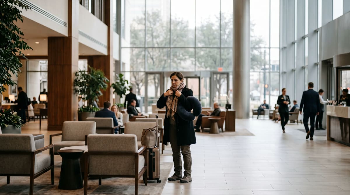 A traveler with a scarf in a Dallas hotel lobby